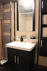 La salle de bains est pourvue d'un lavabo blanc et d'un miroir. dans l'établissement Modern Loft in the city center of Levadia, Greece, à Lébadée