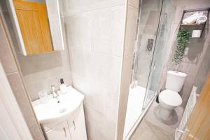 La salle de bains est pourvue de toilettes, d'une douche et d'un lavabo. dans l'établissement Hammersmith Apollo 1 Bedroom Apartment, à Londres