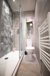 ロンドンにあるHammersmith Apollo 1 Bedroom Apartmentのバスルーム(シャワー、トイレ、バスタブ付)