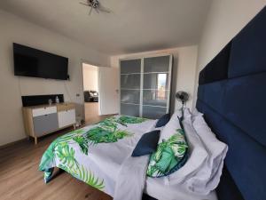 um quarto com uma cama grande e uma televisão de ecrã plano em Sophia Apartment em Gravellona Toce
