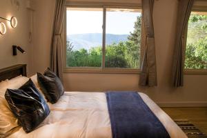 una camera da letto con un letto con cuscini e due finestre di הבית ליד הבוסתן דירה לזוג a Mikhmannim