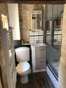 a bathroom with a toilet and a sink and a shower at Charmante maison de pêcheur in Saint-Aubin-sur-Mer