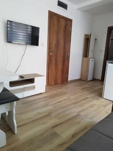un soggiorno con TV e pavimento in legno di Bora apartman a Soko Banja