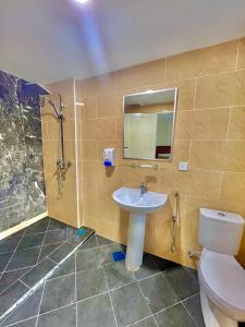 W łazience znajduje się umywalka, toaleta i lustro. w obiekcie Melur Inn w mieście Cameron Highlands