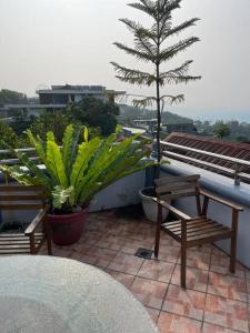 un patio con 2 sillas y un árbol en el techo en Lovely House in Tagaytay w Pool and Taal Lake View, en Tagaytay