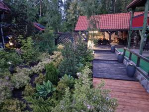 una terraza de madera con un montón de plantas. en DWÓR U PAPUGA en Ruciane-Nida