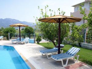 - un groupe de chaises longues et de parasols à côté de la piscine dans l'établissement Golden Sun, à Tigaki