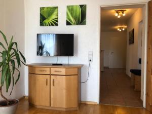 sala de estar con TV en la pared en Ferienwohnung Bamberg Land en Viereth-Trunstadt