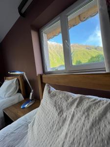 1 dormitorio con cama y ventana en Guest House 15, en Kazbegi