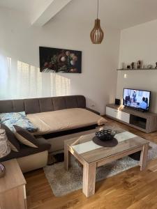 Una sala de estar con un sofá y una mesa de café. en Kropa apartman, en Podgorica