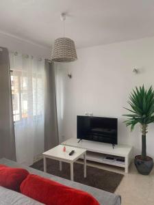 ein Wohnzimmer mit einem Sofa und einem TV in der Unterkunft Casa do coral in Peniche