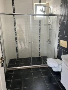 een badkamer met een douche, een toilet en een wastafel bij Villa Melissa Fethiye in Fethiye