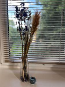 a glass vase with dried flowers in a window at Manufaktura Rooms in Łódź