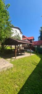 a picnic shelter in a park with a tree at Casa Thor in Sinaia
