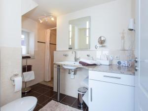 ヴァンゲン・イム・アルゴイにあるAlfreds Ferienbauernhofの白いバスルーム(洗面台、トイレ付)