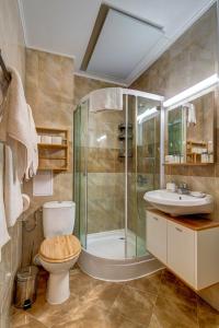 a bathroom with a shower and a toilet and a sink at Villa Kometa Pamporovo Cozy 1-BD Flat by Flat Mаnager in Pamporovo +5 photos
