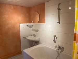 ein Badezimmer mit einer Badewanne und einem Waschbecken in der Unterkunft Bienenhof Illers in Wieda