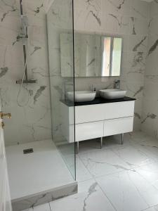 a bathroom with a sink and a mirror at Sweethome – La Jacqueminière in Courtenay