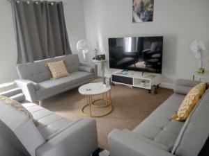 a living room with two couches and a tv at Cosy & Spacious 4 Bedroom House with Free Parking in Birmingham 