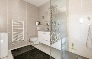 a white bathroom with a shower and a toilet at Suite Place de l'Etoile in Strasbourg