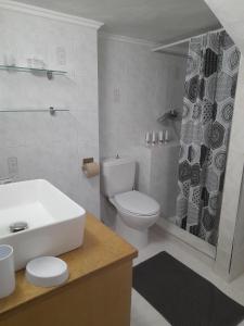 een badkamer met een wastafel, een toilet en een douche bij Neochori Studio in Karpathos