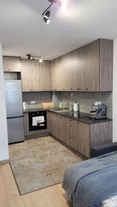 cocina con armarios de madera y encimera en Apartament "Cztery Pory Roku", en Świdnik