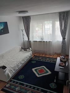 a bedroom with a bed and a rug at Hellen Apartament in Târgovişte