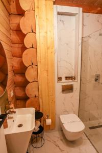 a bathroom with a toilet and a sink at PENSIUNEA IZABELLA, Izabella Chalet in Topliţa