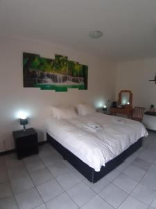 a bedroom with a white bed with a painting on the wall at Wayside Lodge in Waterval Boven