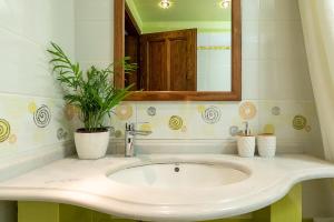 ein Waschbecken mit einem Spiegel und einer Topfpflanze in der Unterkunft The backyard- Κατοικία στην Αγριά, Βόλου in Agria + 46 Fotos