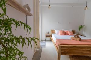 a bedroom with a bed with pink pillows and a plant at NETS Cowork & Colive in Ahangama