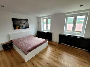 a bedroom with a bed and two windows at Apartament Wrzos in Cisna
