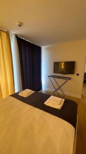 1 dormitorio con 1 cama grande y TV en Seaview 2 room Apartment, en Batumi