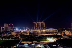 nocny widok na miasto z diabelskim młynem w obiekcie Peninsula Excelsior Singapore, A Wyndham Hotel w Singapurze