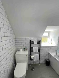 a white bathroom with a toilet and a sink at Isla’s Cottage in Stornoway