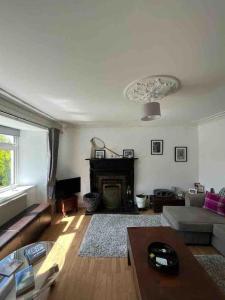 uma sala de estar com um sofá e uma lareira em Isla’s Cottage em Stornoway