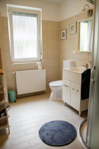 een badkamer met een wastafel, een toilet en een raam bij Bodó apartman 2 in Hévíz