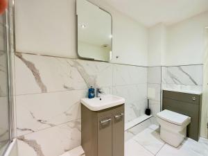 a bathroom with a toilet and a sink and a mirror at Super Central One Bedroom Flat Next To Brighton Beach in Brighton & Hove