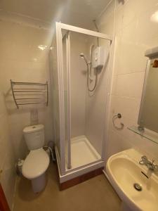 a bathroom with a shower and a toilet and a sink at Victoria Guest House in Stoke on Trent