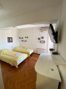 Cette chambre comprend 2 lits et une télévision à écran plat. dans l'établissement Porta Ruzveltova Apartment, à Skopje