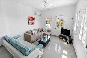 a living room with a couch and a tv at Seaside & Modern Flats near Chora in Steniaí
