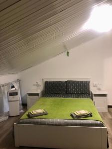 a bedroom with a bed with a green blanket on it at Appartamento “Del TuF” in Sondrio Centro in Sondrio