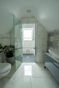 ein Bad mit einer Dusche, einem WC und einem Fenster in der Unterkunft Maycliffe in Shanklin