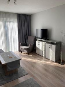 a living room with a tv and a couch and a chair at von Wiegen, Ferienwohnungen in Schneverdingen