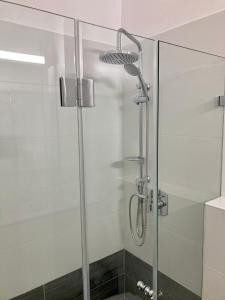 a shower with a glass door in a bathroom at Lovely New Private Duplex in Prime City Center location in Jerusalem