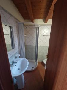 a bathroom with a sink and a shower and a toilet at Monolocali in centro paese in Lampedusa