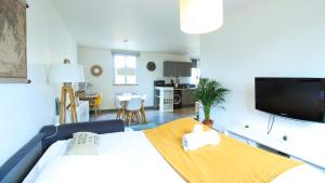 a bedroom with a bed and a living room with a tv at Le Tamaris, Garage privé hauteur limitée, Calme, Confort in Troyes