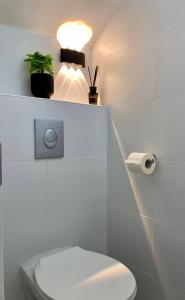a bathroom with a toilet with a light above it at Lovely New Private Duplex in Prime City Center location in Jerusalem