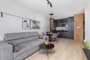 - un salon avec un canapé gris et une table dans l'établissement Lux Wellness Resort & SPA Apartments by the River by Renters Prestige, à Dziwnów