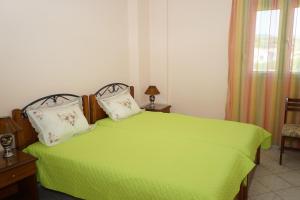 a bedroom with a green bed with two pillows at Manos in Megás Limniónas
